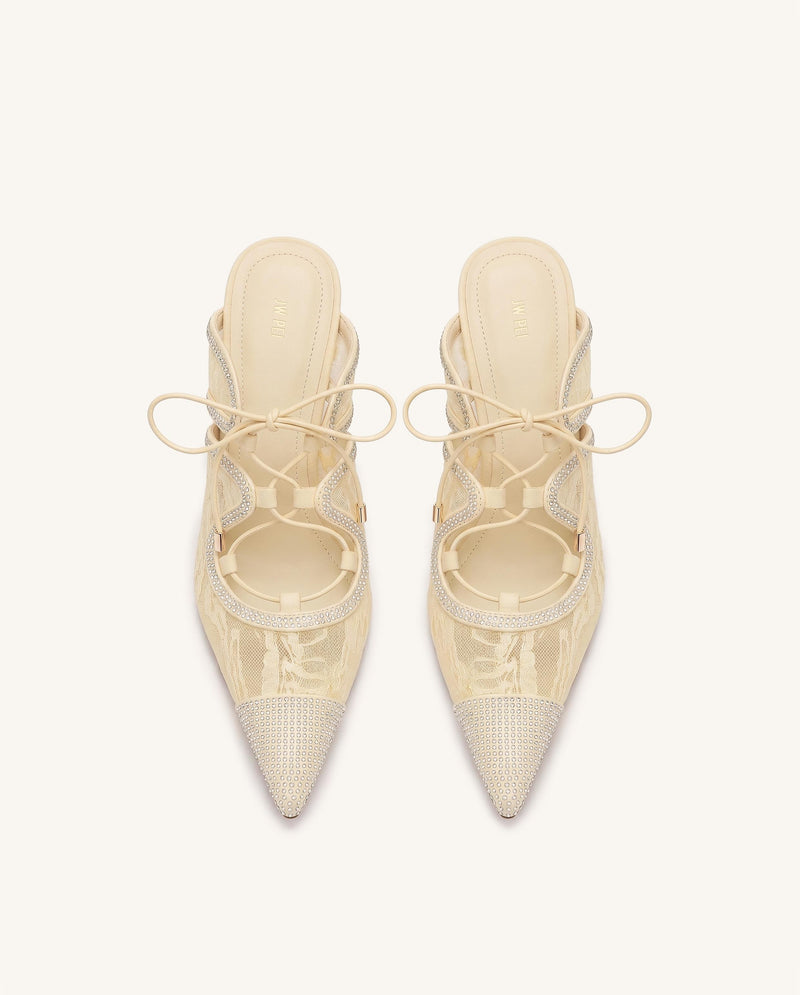 Sofia Lace Bow Mule Heels - Khaki