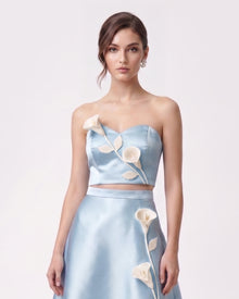 Floral Appliqué Satin Crop Top - Light Blue