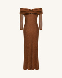 Rhinestone Mesh Off-Shoulder Maxi Dress - Brown