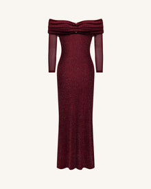Rhinestone Mesh Off-Shoulder Maxi Dress - Claret