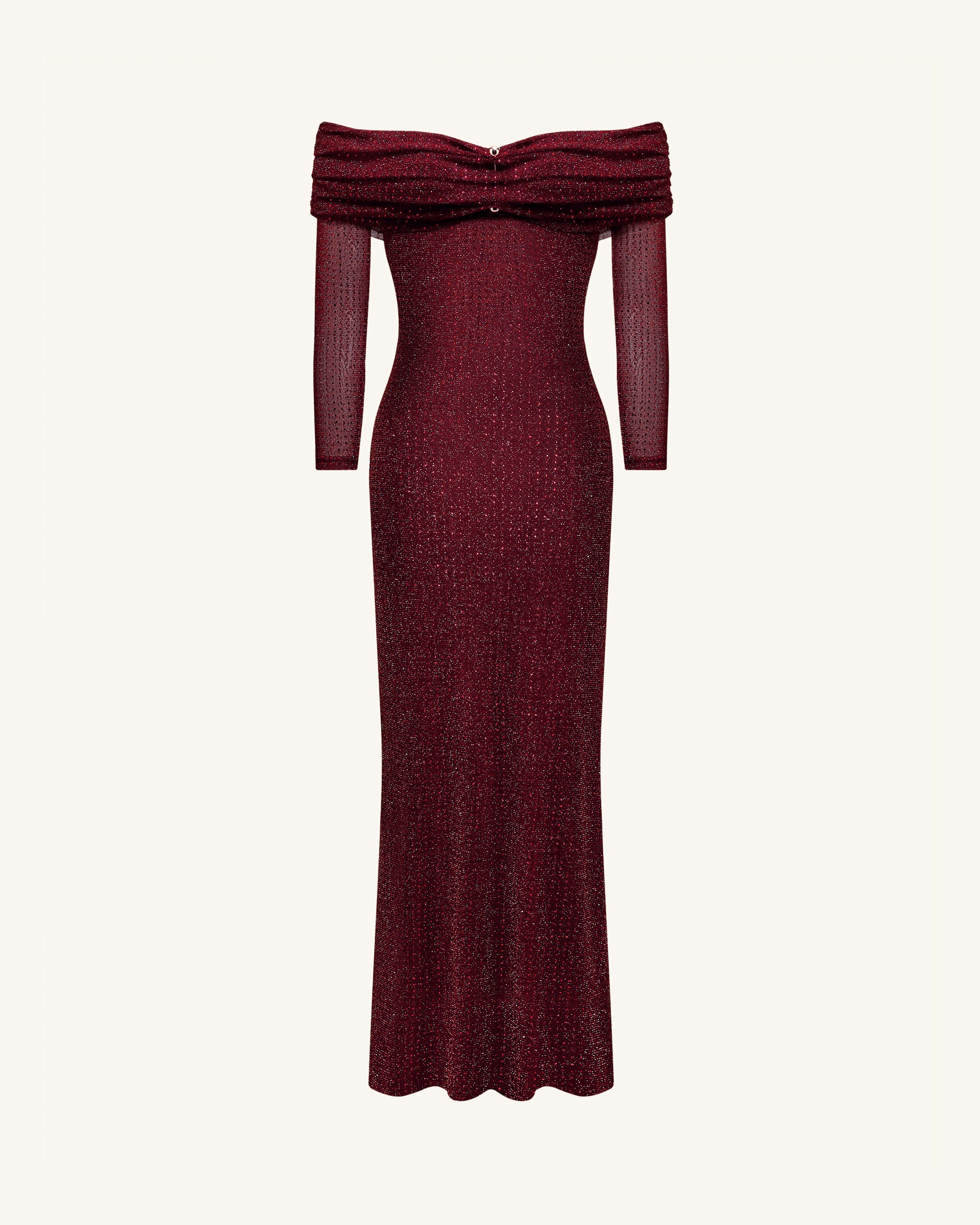 Rhinestone Mesh Off-Shoulder Maxi Dress - Claret