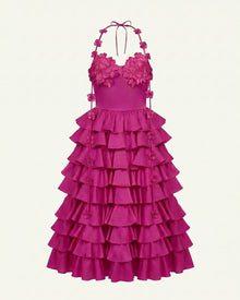Floral Embellished Tiered Halter Maxi Dress - Fuchsia