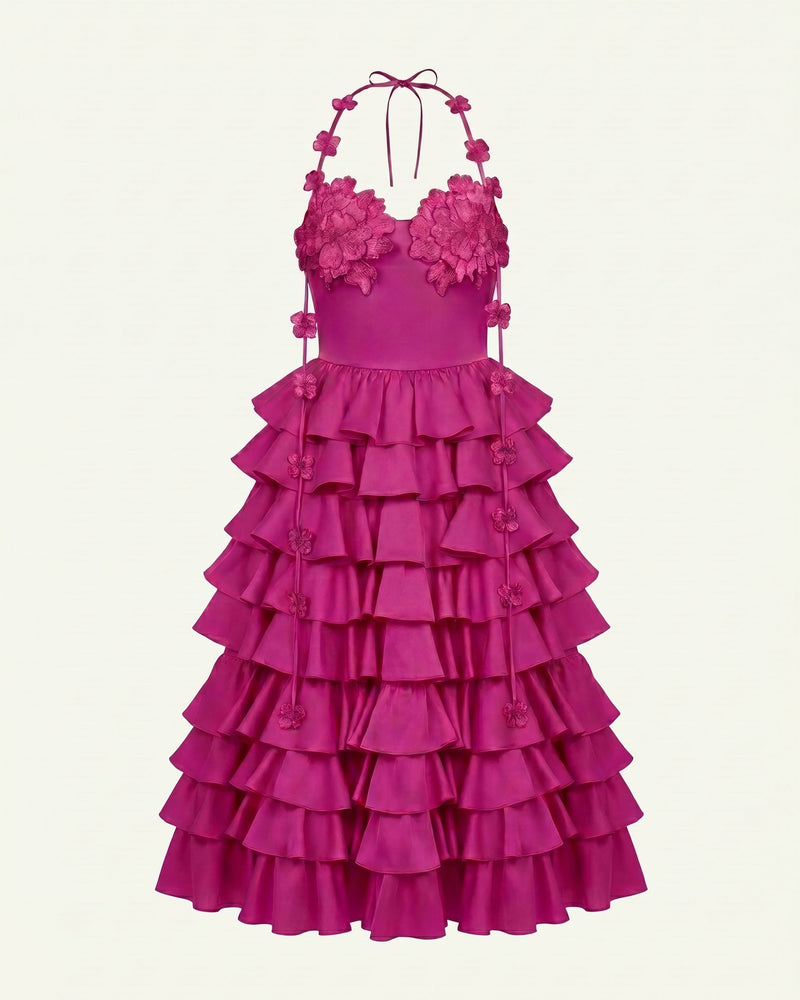 Floral Embellished Tiered Halter Maxi Dress - Fuchsia