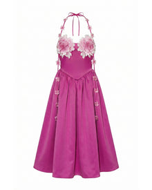 Floral Embellished Halter Maxi Dress - Fuchsia