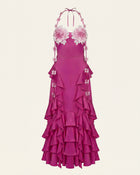 Floral Embellished Ruffle Halter Maxi Dress - Fuchsia