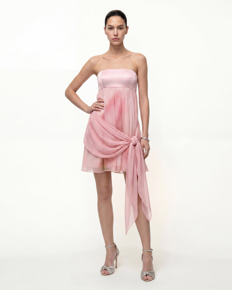 Strapless Draped Tie Mini Dress - Blush Pink
