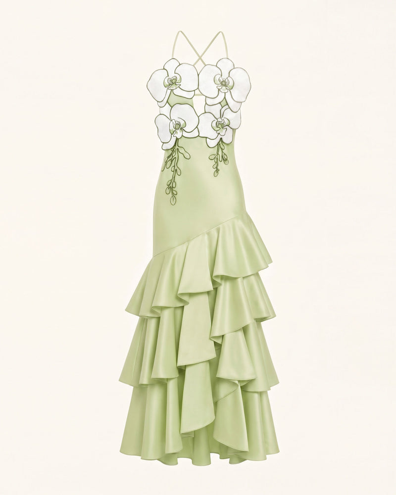 Orchid Embellished Ruffle Midi Dress - Light Green