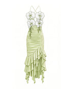 Orchid Embellished Ruched Ruffle Dress - Light Green