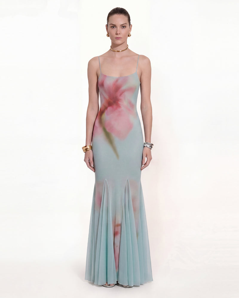 Floral Print Camisole Flared Maxi Dress - Dusty Blue