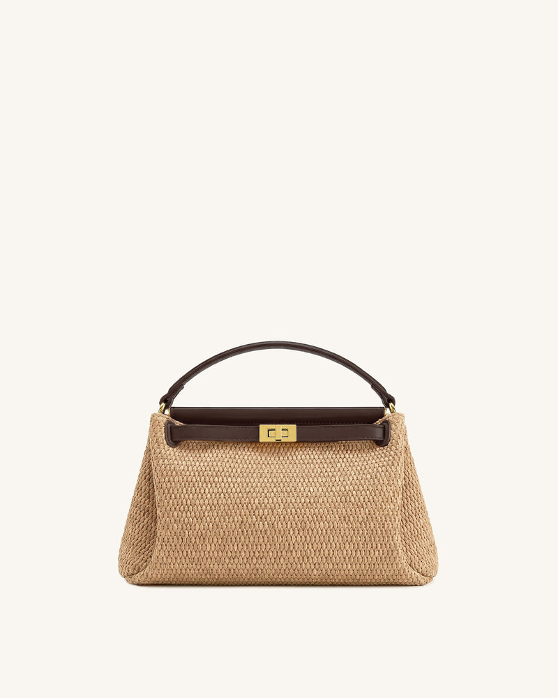 Carmen Faux Straw Weave Top Handle Bag - Khaki Brown