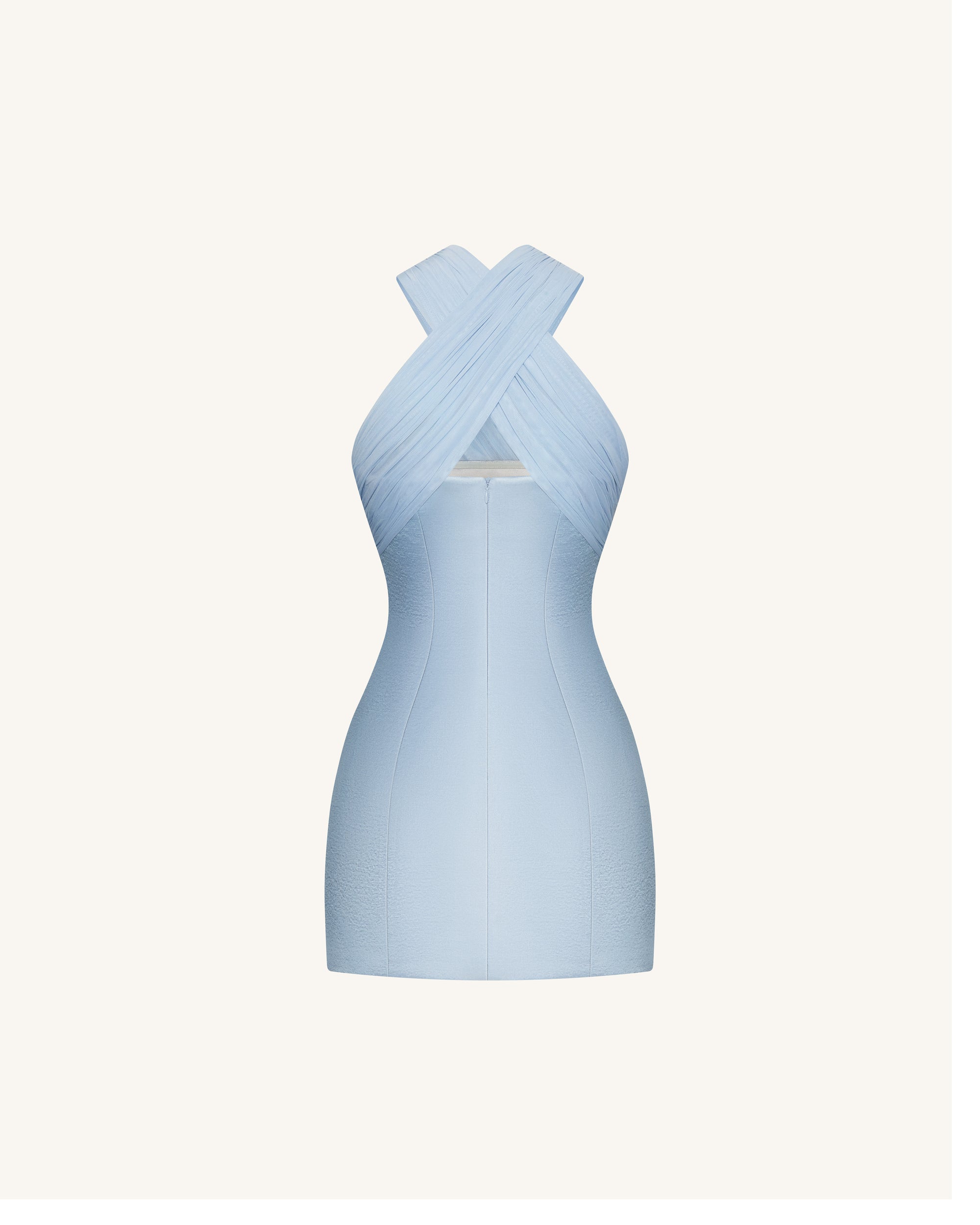 Satin Mini Dress with Tulle Cross-Halter - Blue