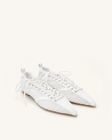 Ava Lace-Up Mesh Flats - White