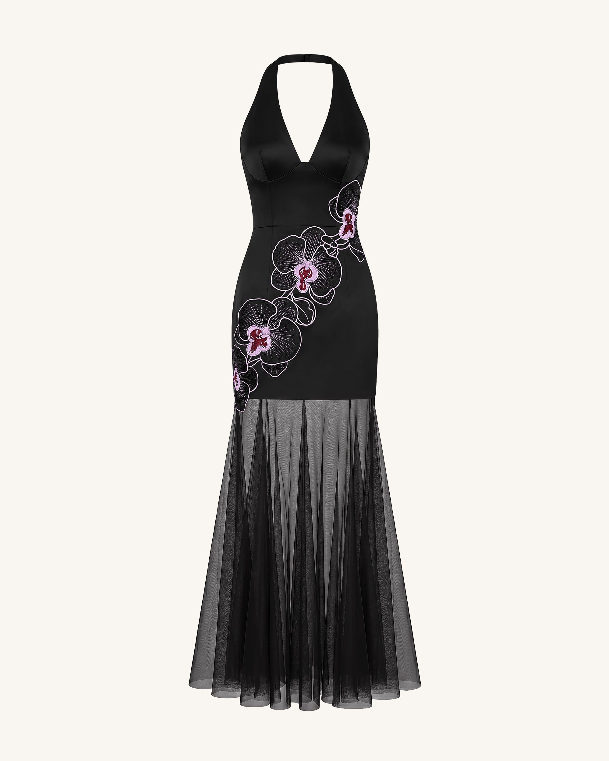 Orchid Embroidered Sheer Hem Halter Maxi Dress -  Black Purple