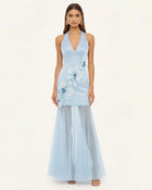 Orchid Embroidered Sheer Hem Halter Maxi Dress - Light Blue