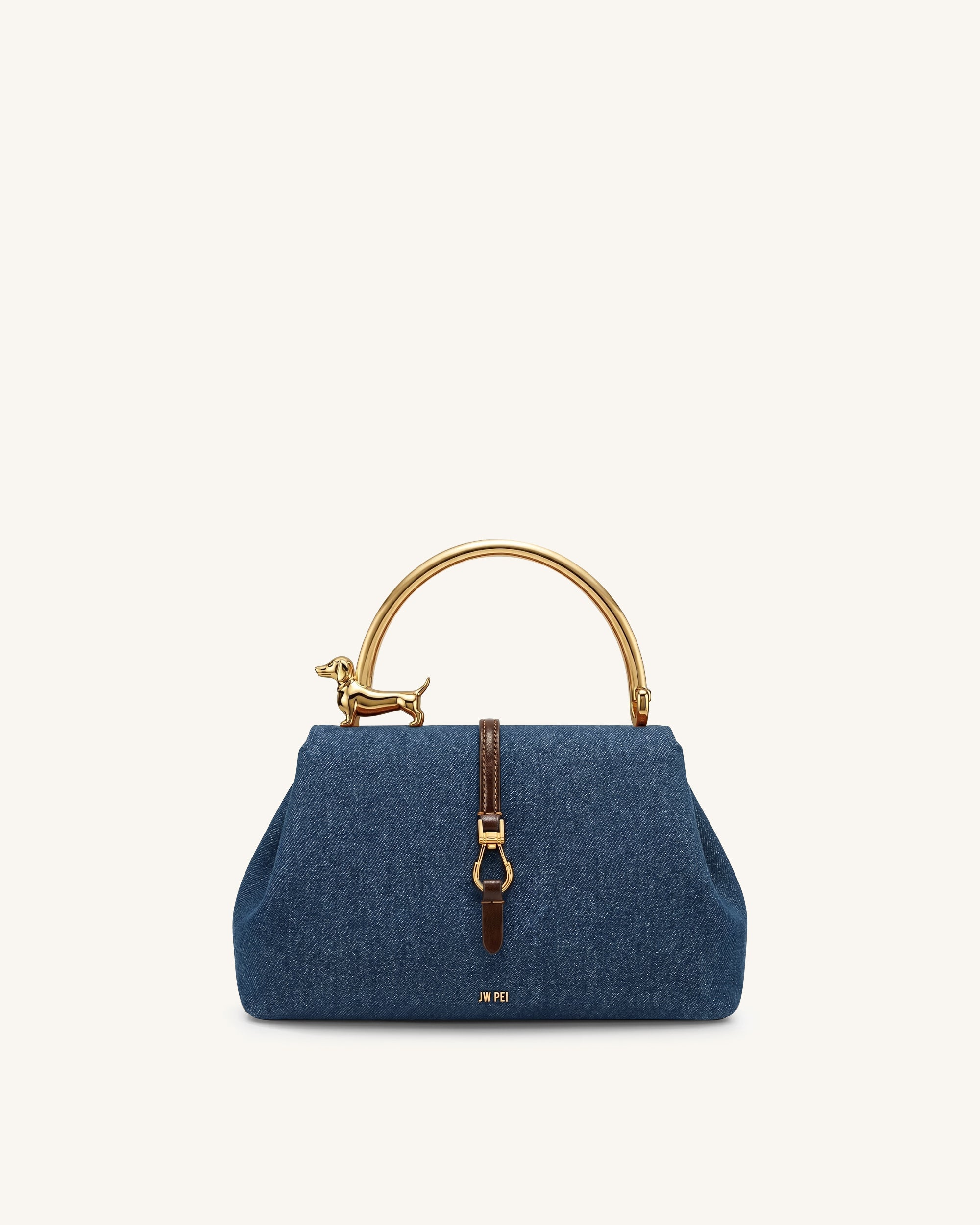 Bruna Dachshund Metal Handle Top Handle Bag - Dark Blue Denim