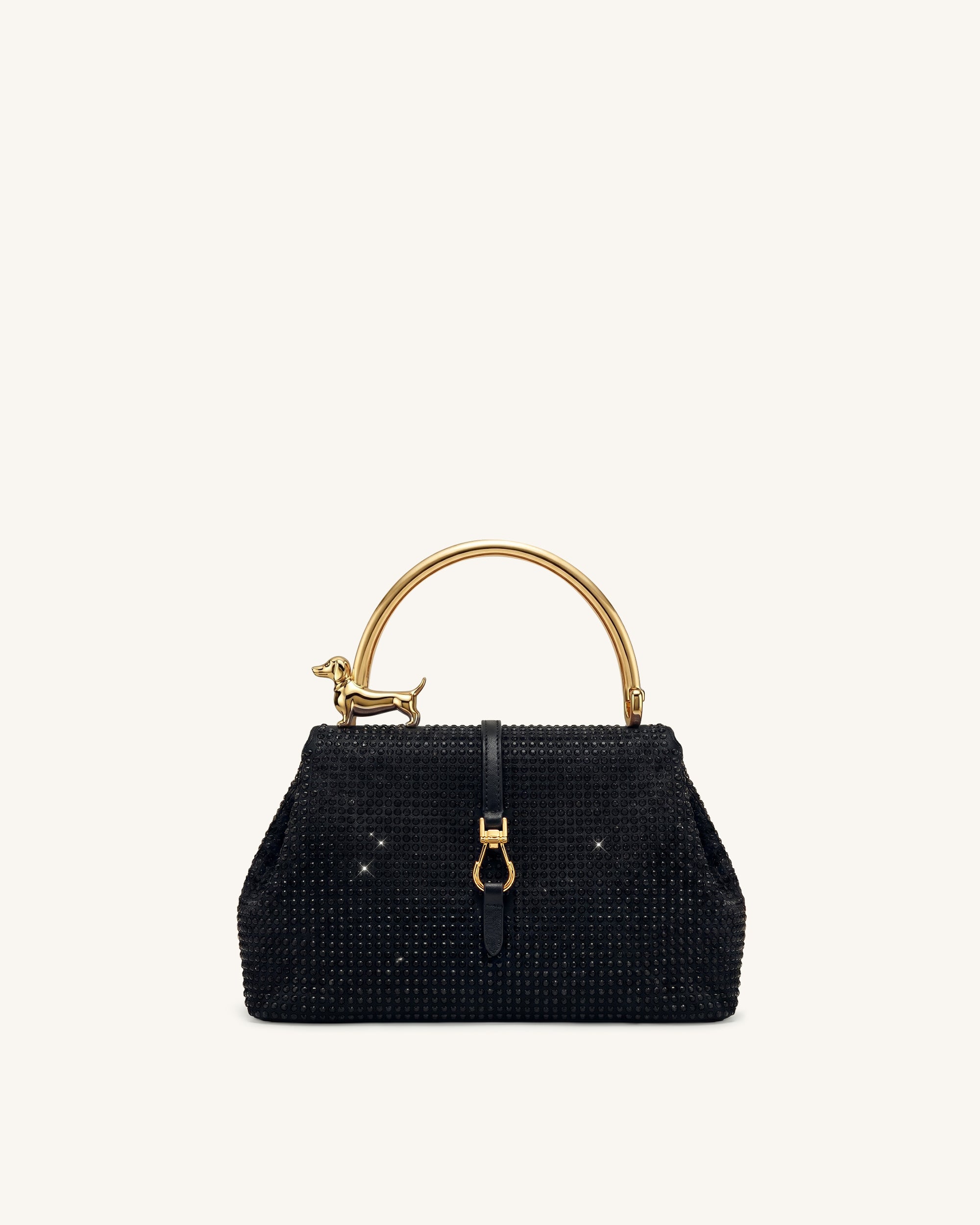 Bruna Artificial Crystal Dachshund Metal Handle Top Handle Bag - Black