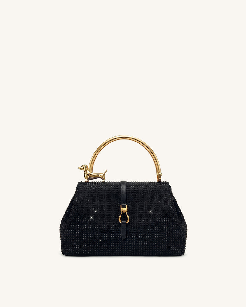Bruna Artificial Crystal Dachshund Metal Handle Top Handle Bag - Black