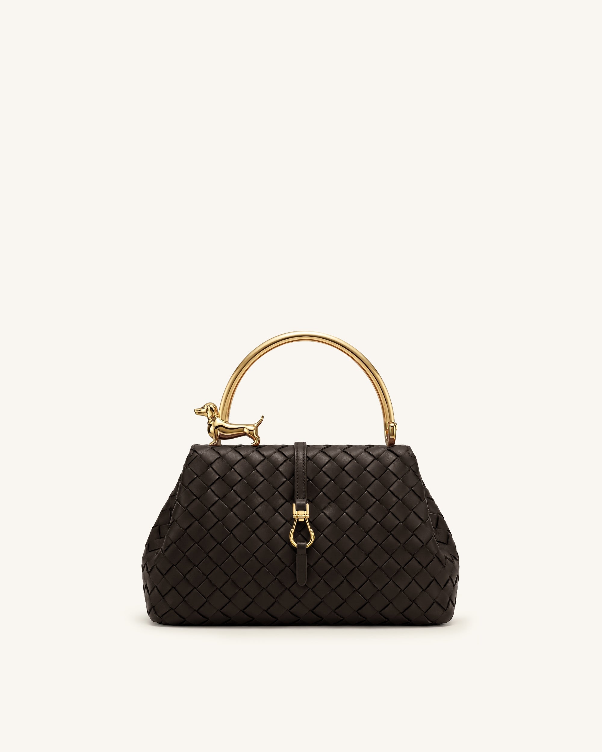 Bruna Woven Dachshund Metal Handle Top Handle Bag - Dark Brown