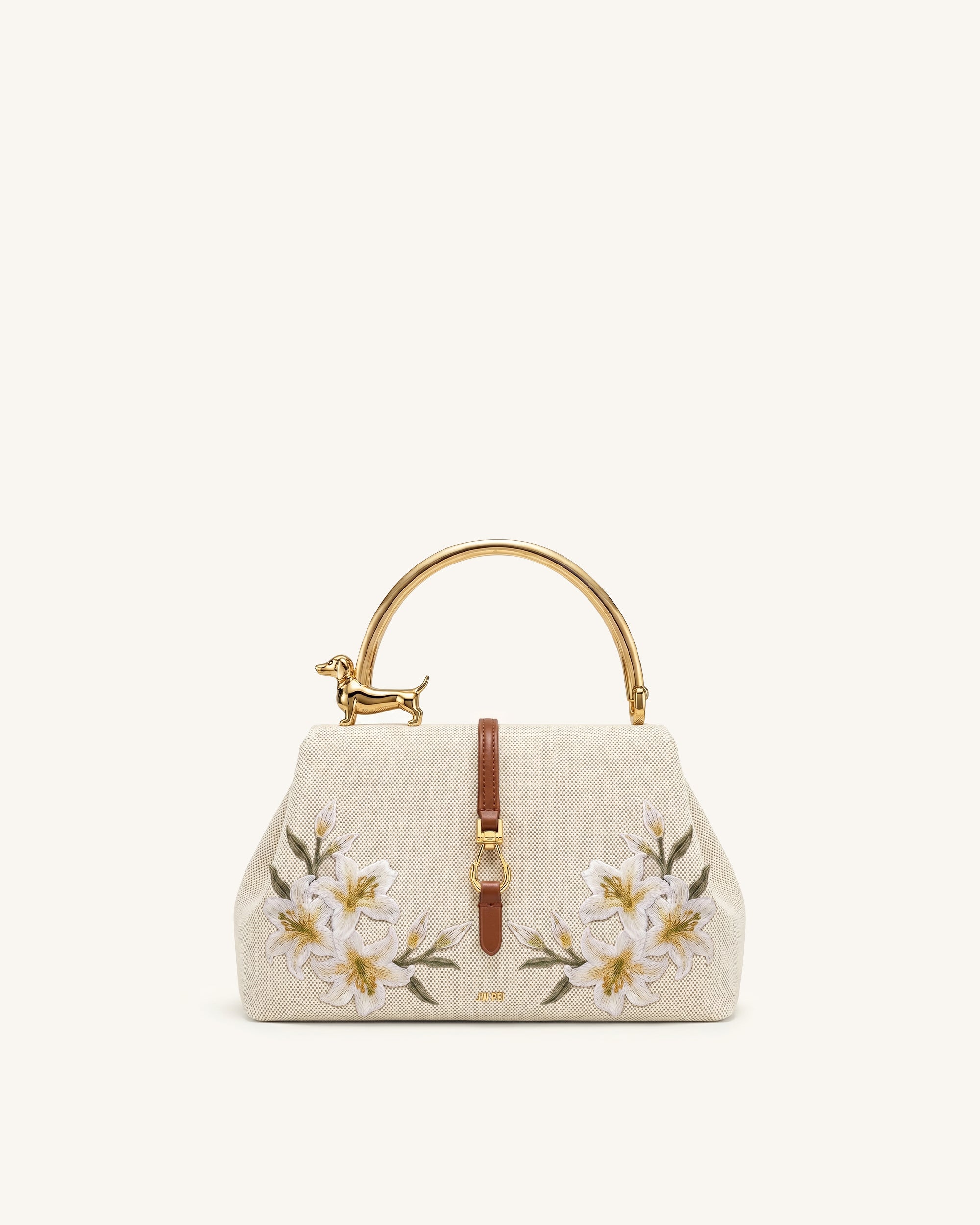 Bruna Dachshund Metal Handle Lily Embroidered Top Handle Bag - Brown Canvas