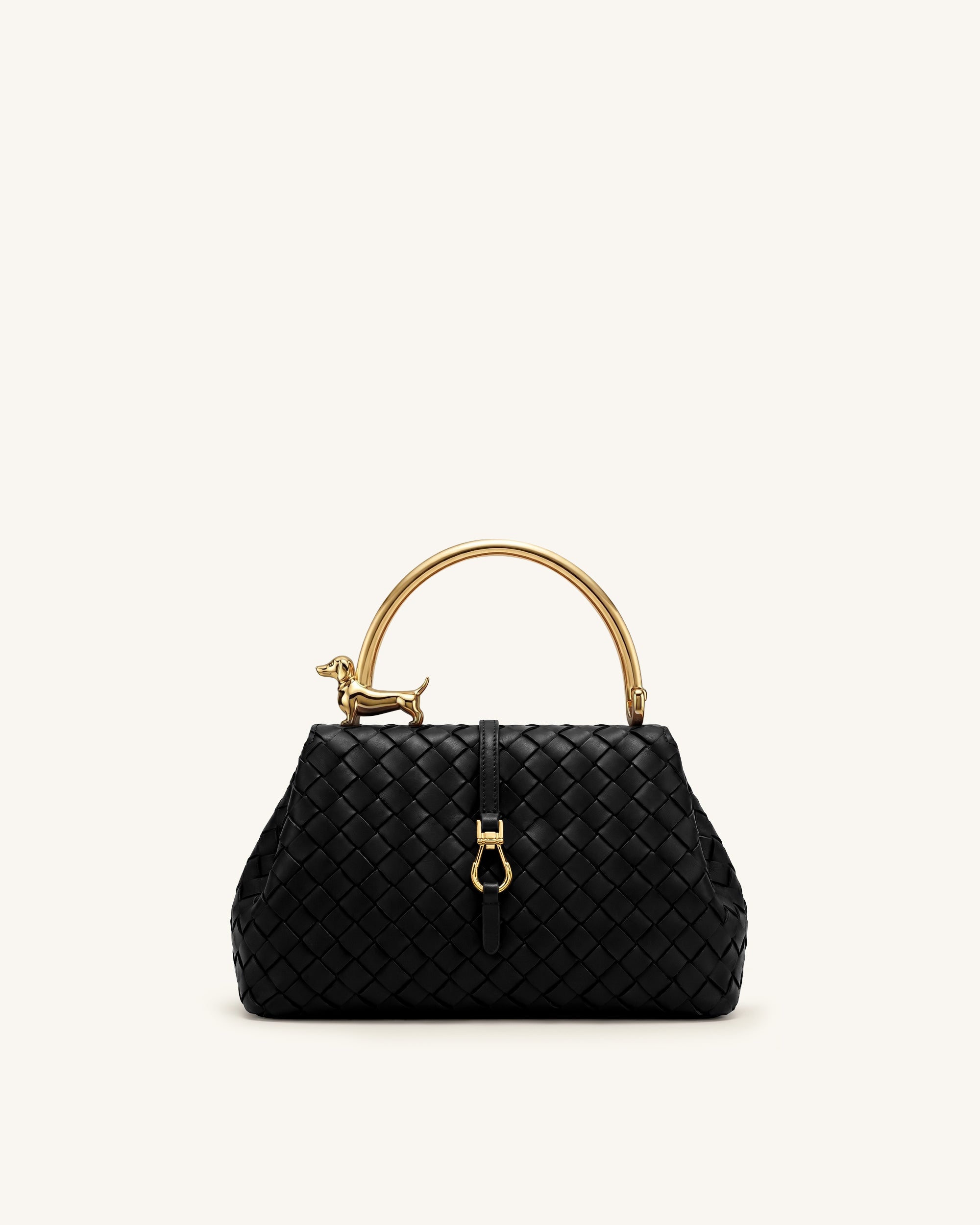 Bruna Woven Dachshund Metal Handle Top Handle Bag -  Black