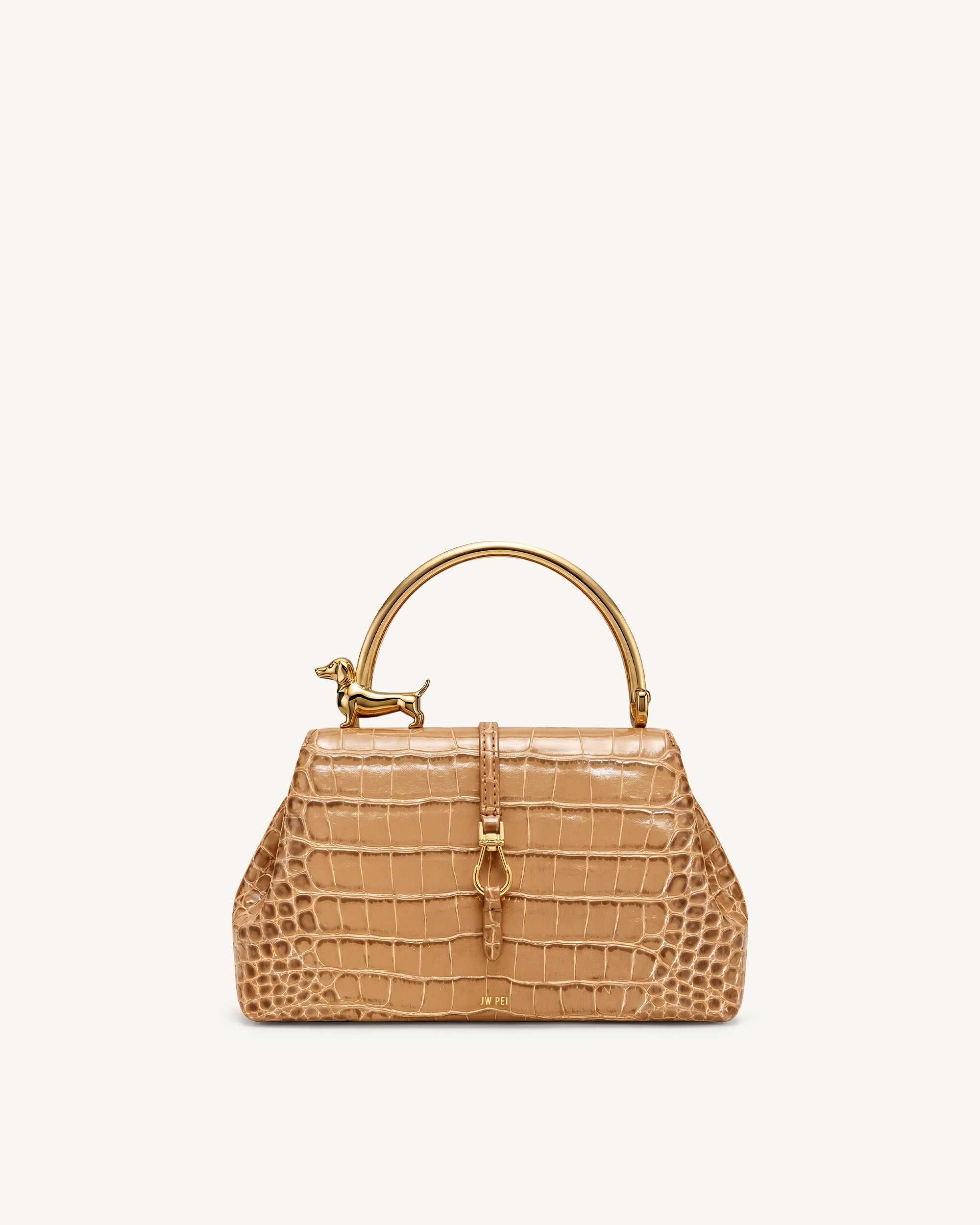 Bruna Dachshund Metal Handle Top Handle Bag - Brown Croc