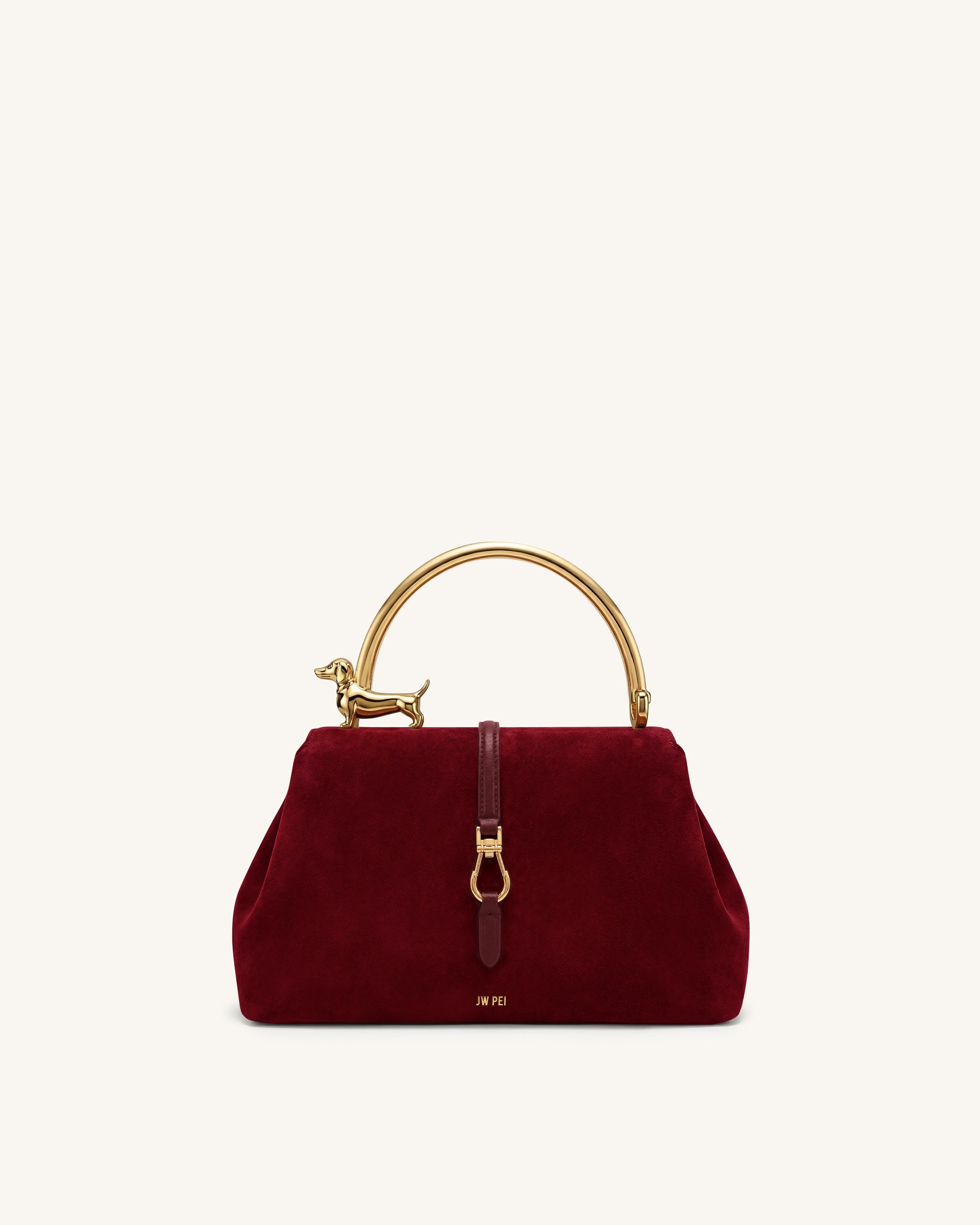 Bruna Faux Suede Dachshund Metal Top Handle Bag - Scarlet Red