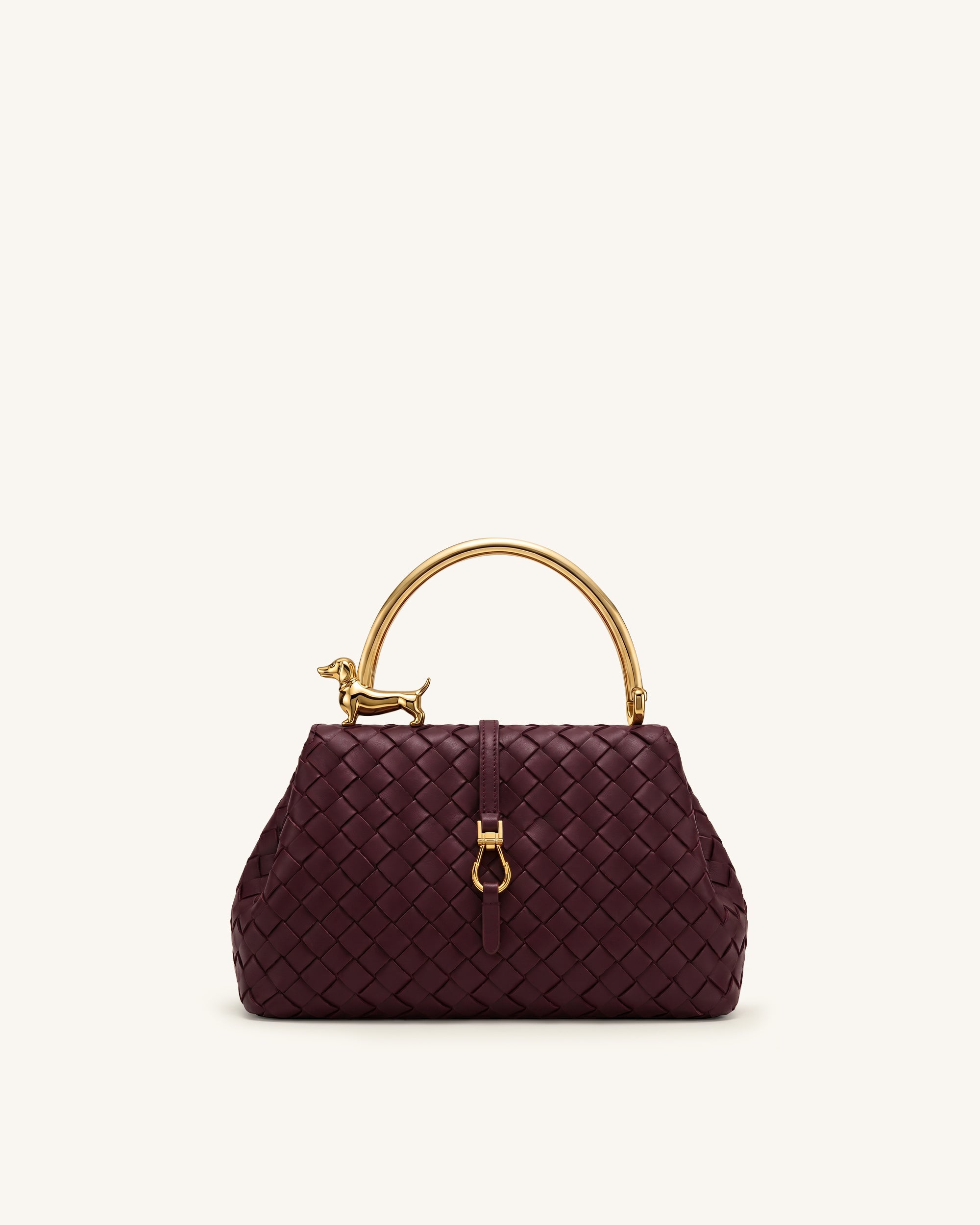 Bruna Woven Dachshund Metal Handle Top Handle Bag - Crimson