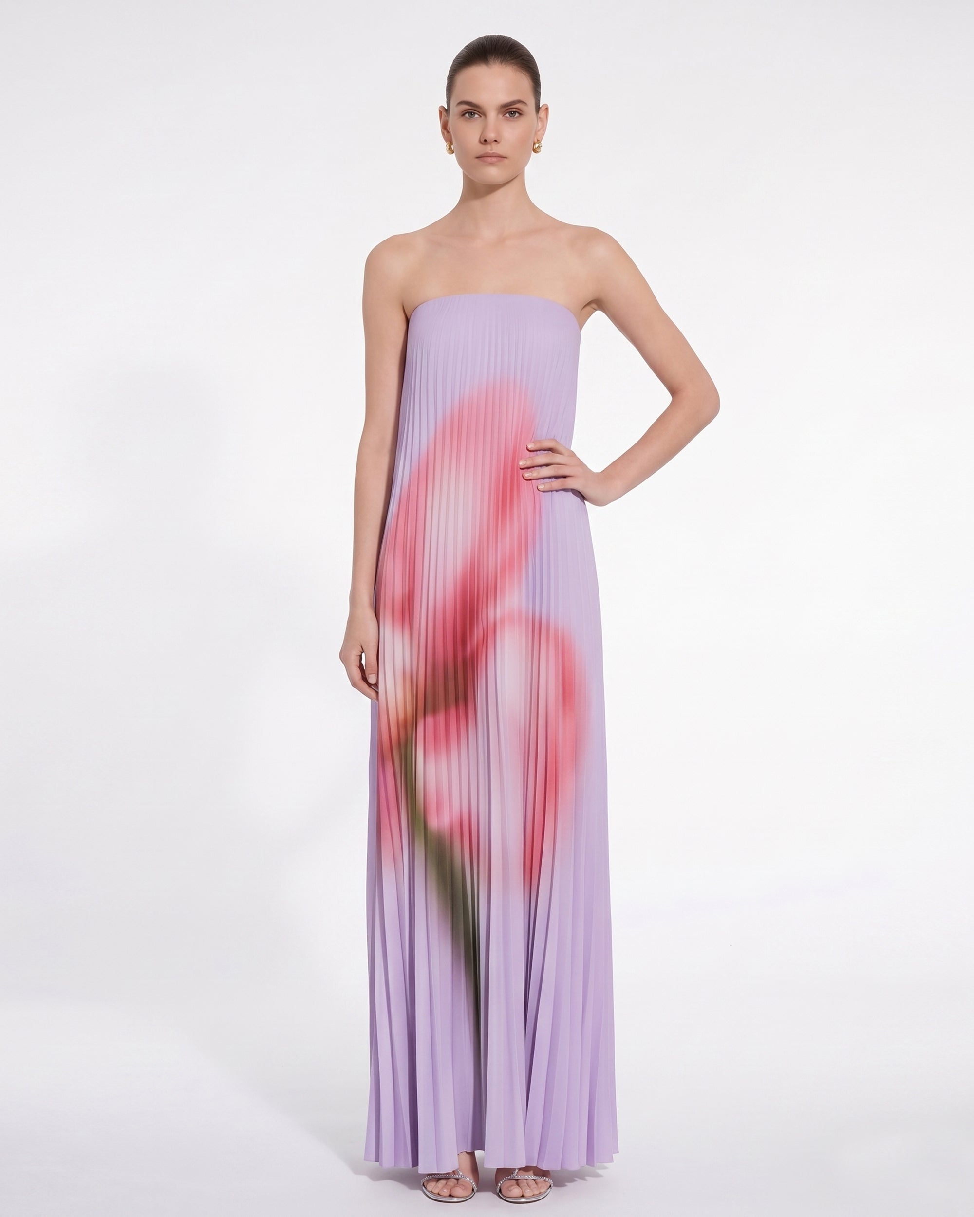 Floral Print Strapless Pleated Maxi Dress - Lavender