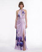 Floral Print Halter Draped Maxi Dress - Lavender