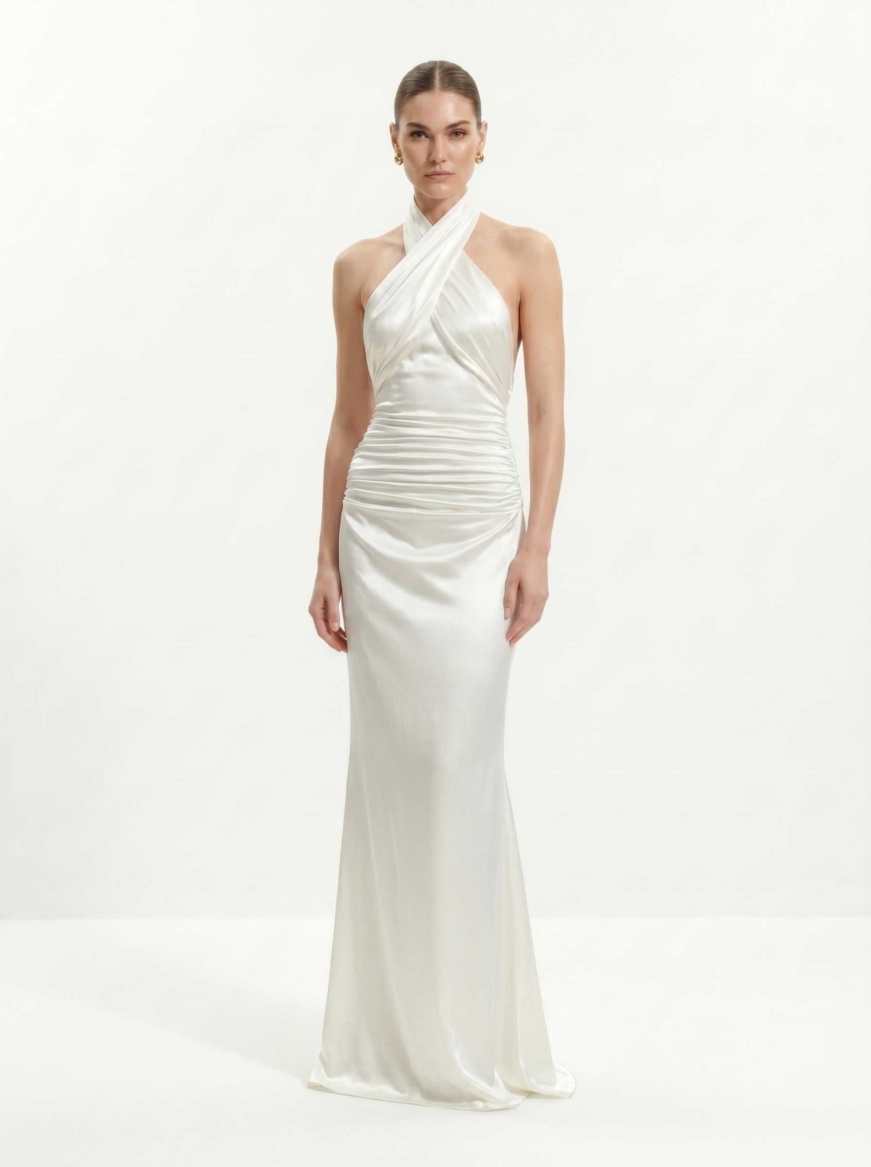 Satin Cross Halter Ruched Maxi Gown - White