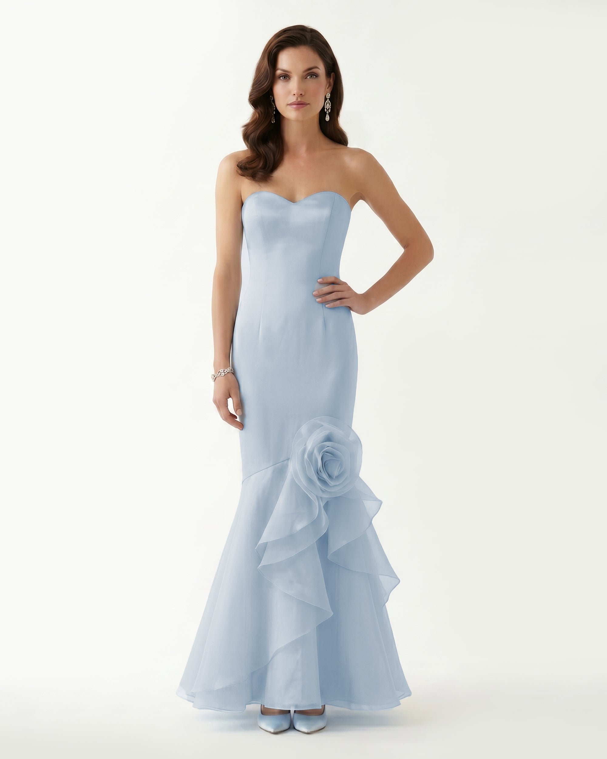 Strapless Mermaid Rosette Ruffle Maxi Dress - Light Blue