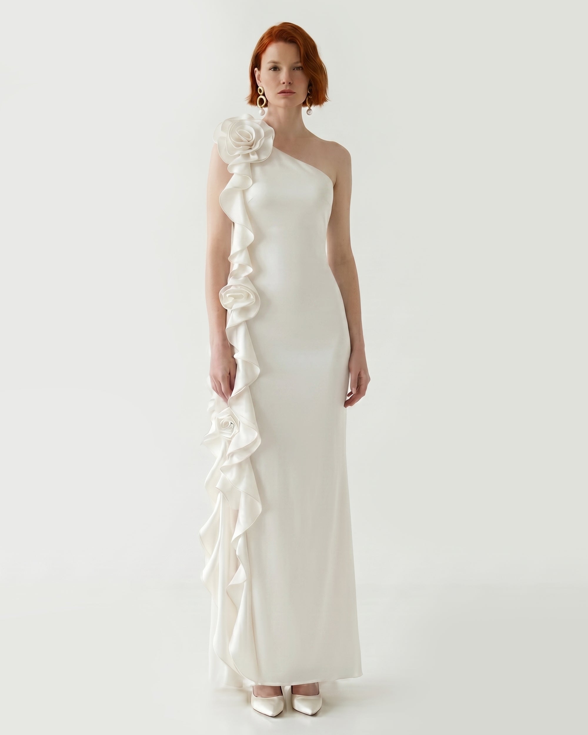 One-Shoulder Ruffle Rosette Maxi Dress - Ivory
