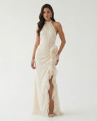 Halter Ruffle Rosette Slit Maxi Dress - Ivory