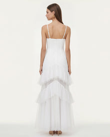 Orchid Embroidered Ruffled Tulle Strapless Maxi Dress - White