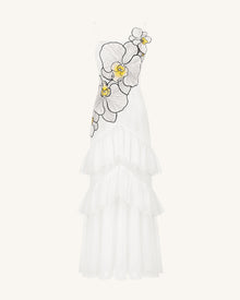 Orchid Embroidered Ruffled Tulle Strapless Maxi Dress - White