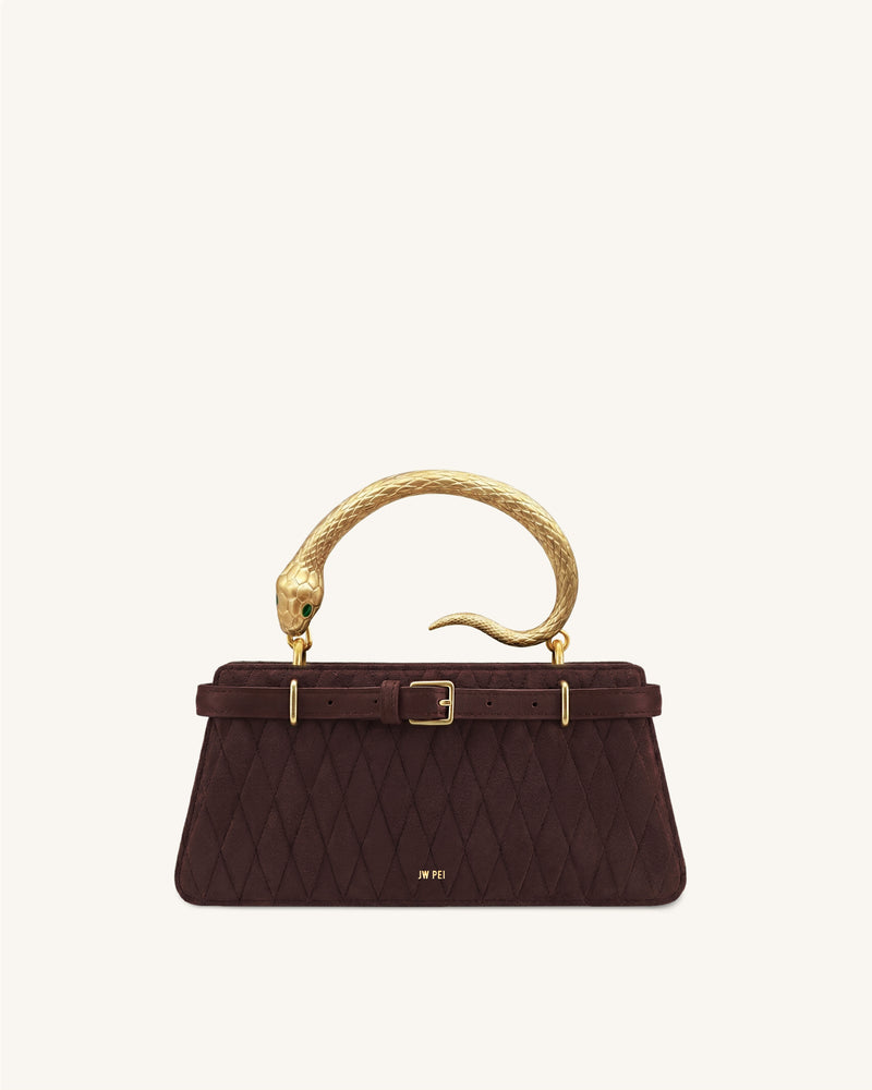 Elena Snake Handle Faux-Suede Quilted Top Handle Bag - Brown