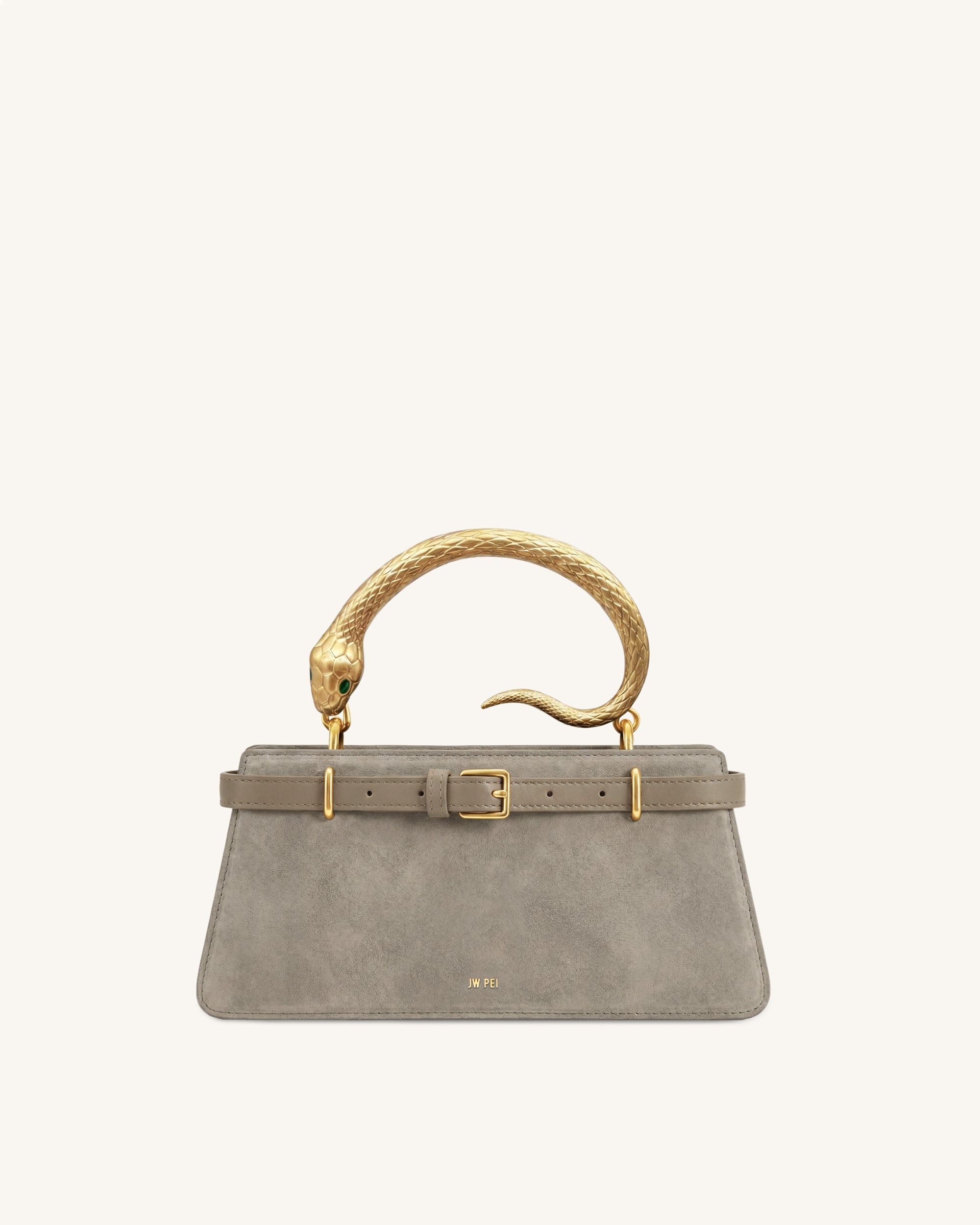 Elena Snake Handle Faux Suede Top Handle Bag - Taupe