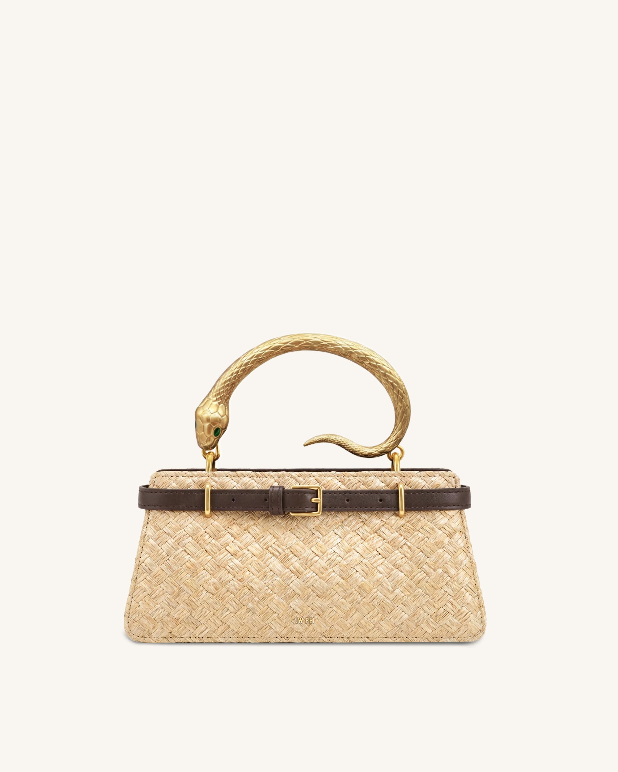 Elena Snake Handle Faux-Straw Top Handle Bag - Natural Brown