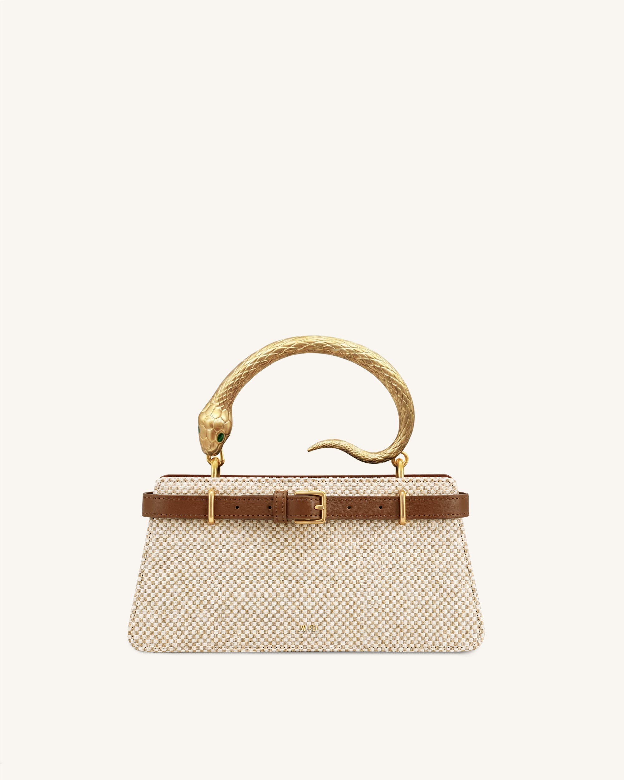 Elena Snake Handle Cotton-Linen Top Handle Bag - Natural Brown