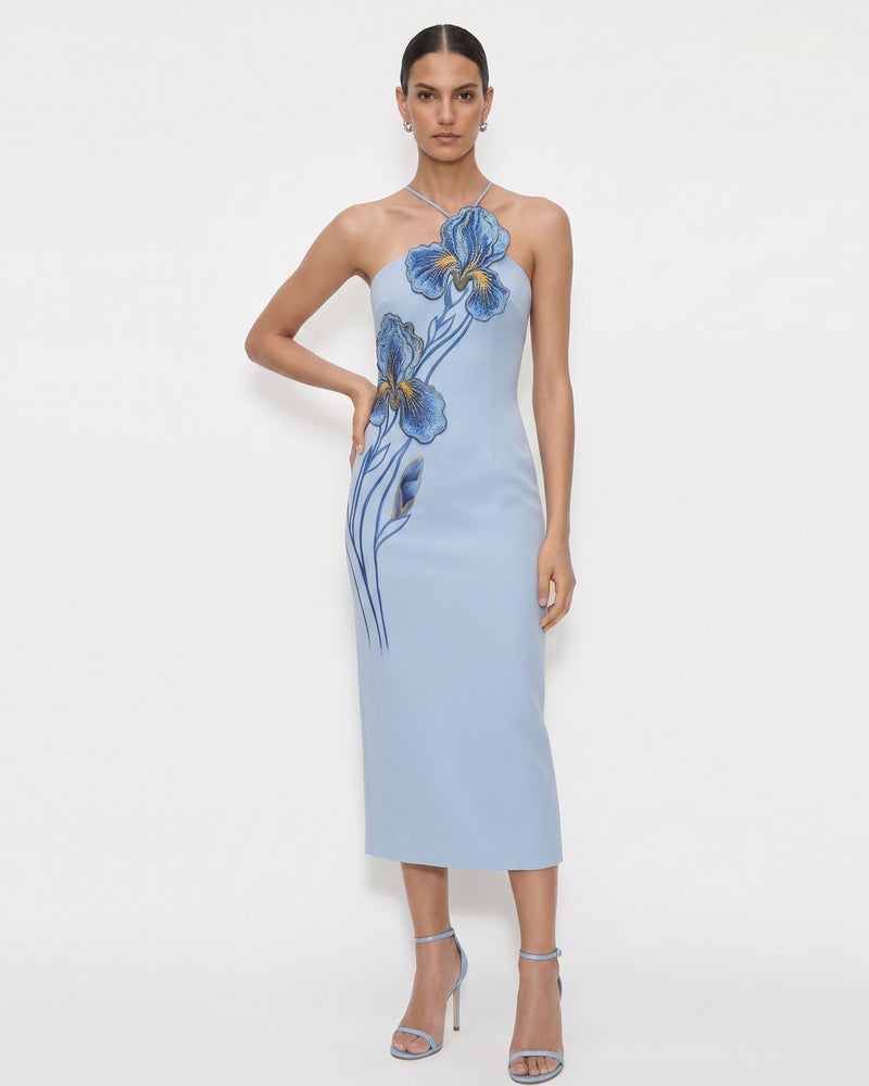 Iris Embroidered Halter Midi Dress - Light Blue