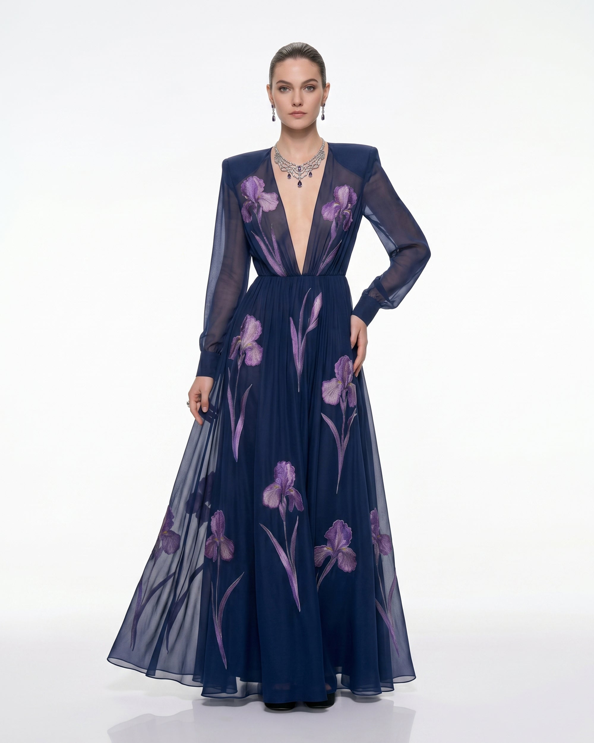 Iris Floral Print Long-Sleeve Sheer Gown - Navy Blue