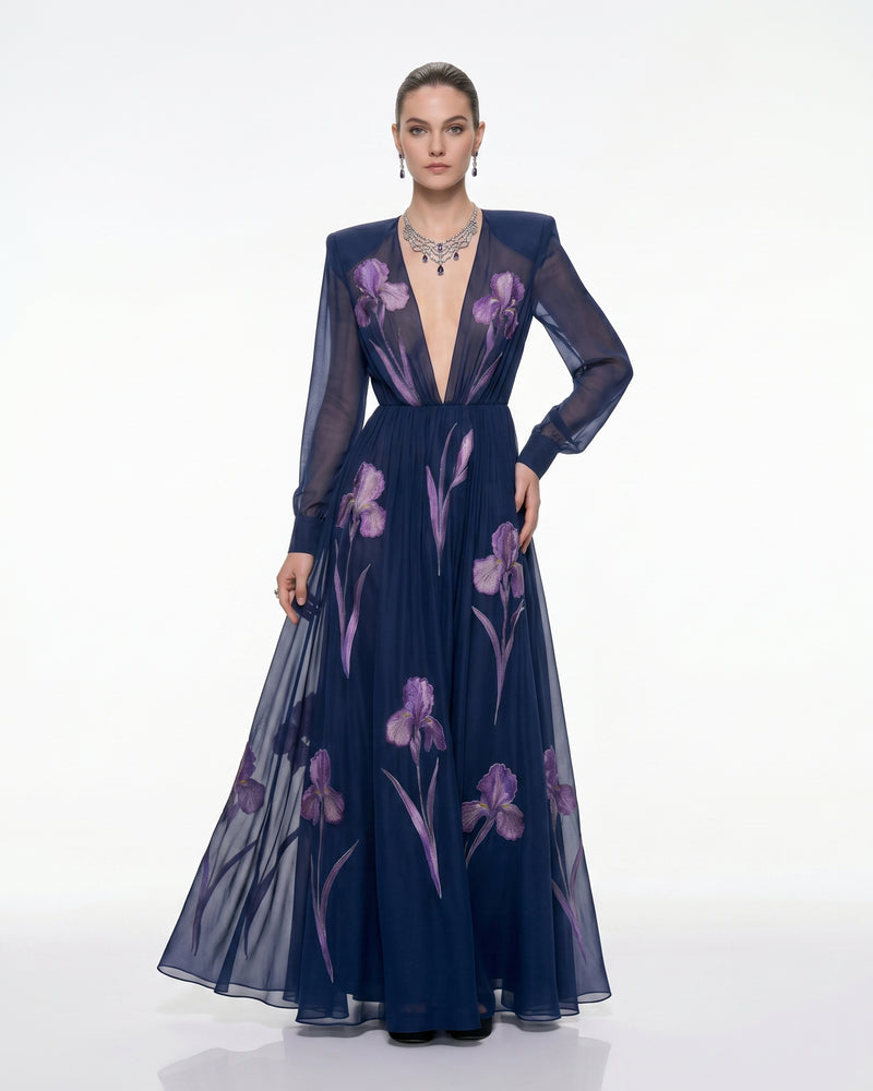 Iris Floral Print Long-Sleeve Sheer Gown - Navy Blue