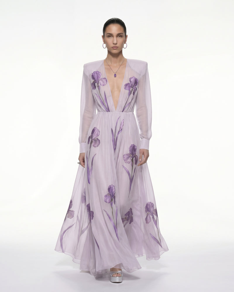 Iris Floral Print Long-Sleeve Sheer Gown - Lavender