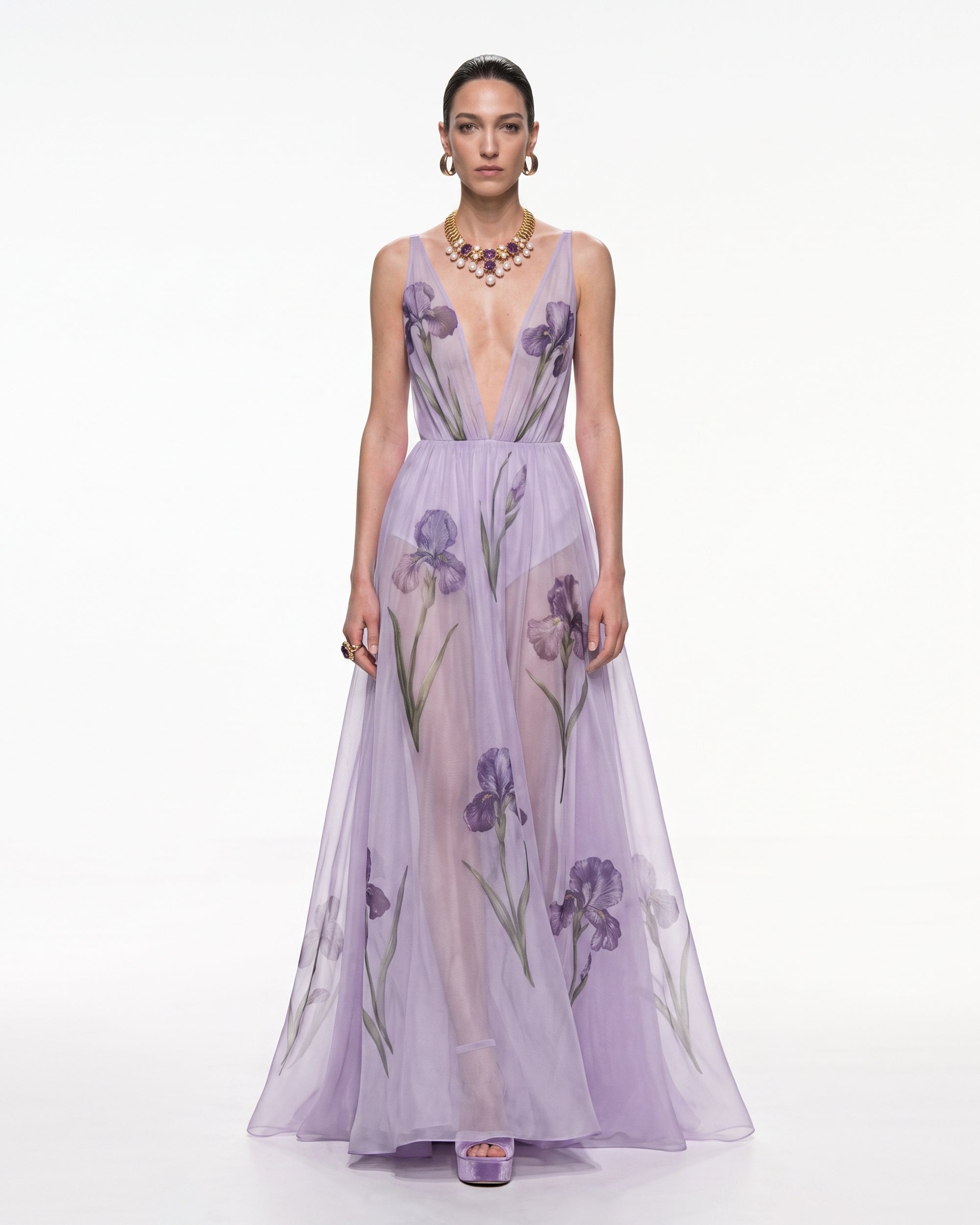 Sheer Floral Print Maxi Dress - Lavender