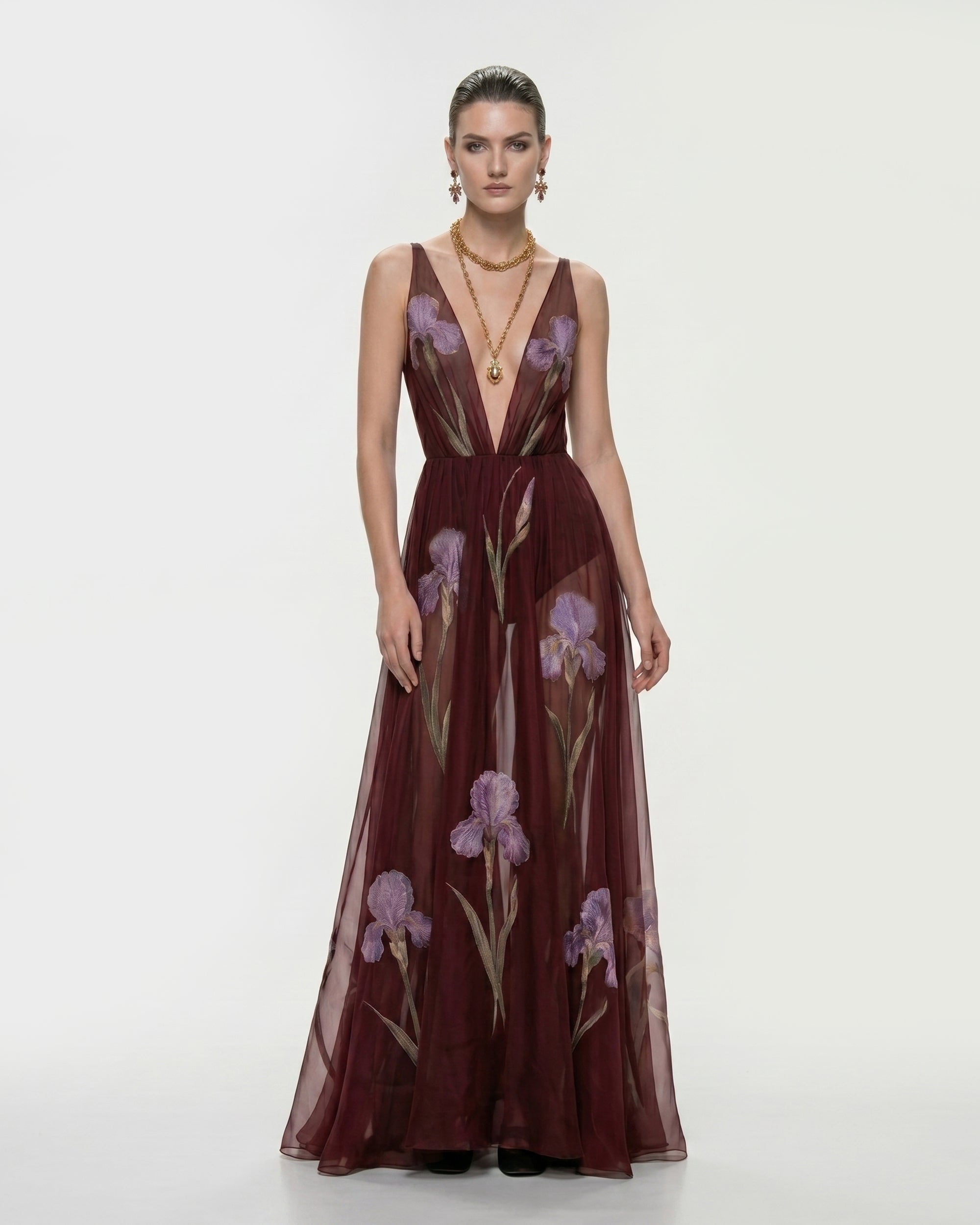 Sheer Floral Print Maxi Dress - Burgundy
