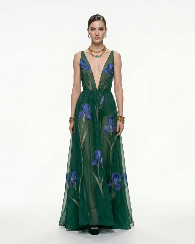 Sheer Floral Print Maxi Dress - Emerald Green