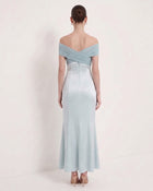 Pleated Cross-Halter Satin Maxi Dress - Dusty Blue