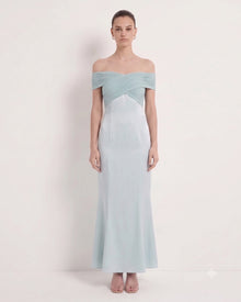 Pleated Cross-Halter Satin Maxi Dress - Dusty Blue