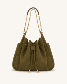 Rowan Faux Suede Quilted Chain Bucket Bag - Olive Green