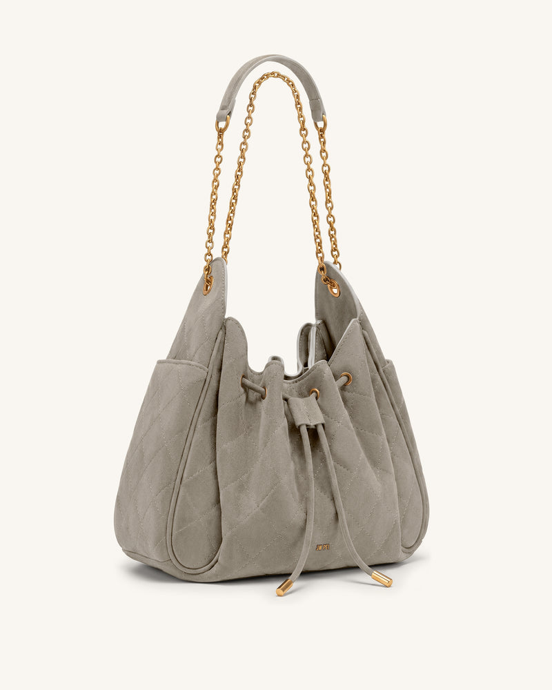 Rowan Faux Suede Quilted Chain Bucket Bag - Gray